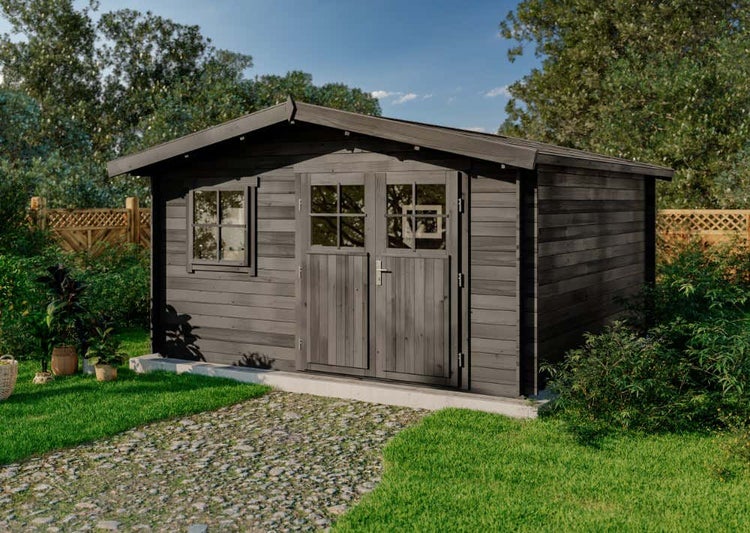 Gartenhaus Valeria-28 mit Fußboden aus Holz, Gerätehaus 428x427, 14,67 m², 28 mm Wandstärke - Imprägnierung Grau