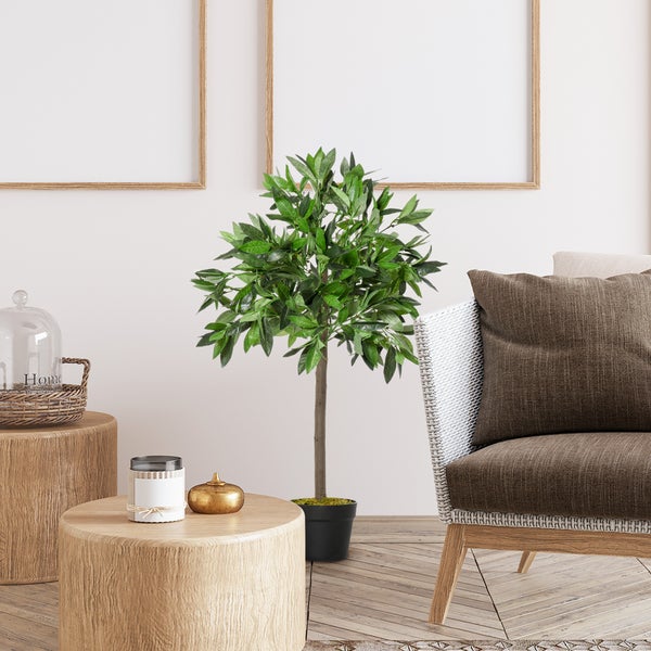 Outsunny 2er-Set Künstlicher Lorbeerbaum, 90 cm Kunstpflanzen im Zementtopf, Zimmerpflanze, künstliche Pflanzen für Indoor, Outdoor, Dekopflanzen, Grün