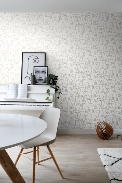 ESTAhome Tapete Line Art Gesichter Weiß und Gold - 53 cm x 10.05 m - 139146