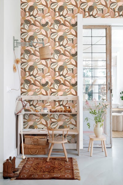 ESTAhome Tapete Blumenmuster Terrakotta und Hellrosa - 50 x 900 cm - 139629