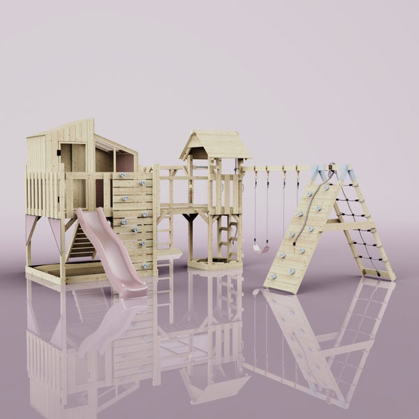 Spielplatz aus Holz mit Rutsche, Schaukeln und Kletterwand