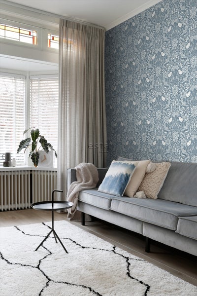 ESTAhome Tapete Blumen und Vögel im Jugendstil Graublau - 53 cm x 10.05 m - 139477