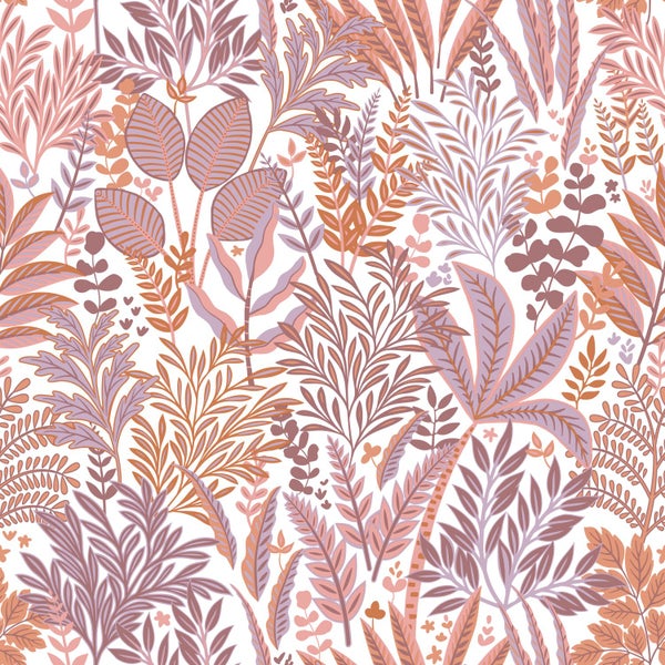 ESTAhome Tapete tropische Blätter und Blüten Orange und Lila - 50 x 900 cm - 131667