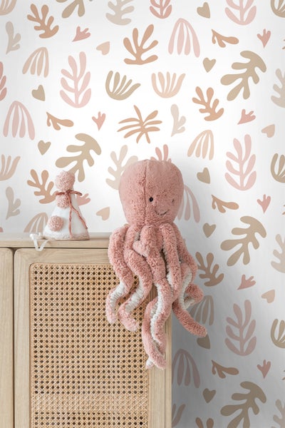 ESTAhome Tapete Pflanzen im Matisse-Stil Beige, Rosa und Weiß - 50 x 900 cm - 131017