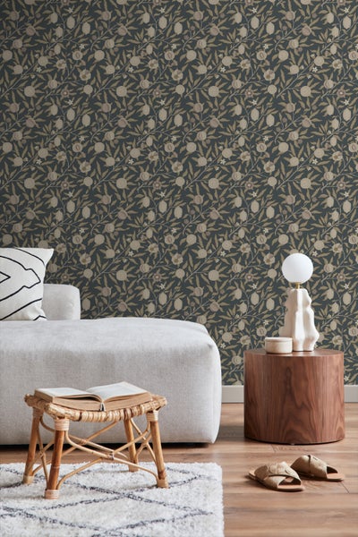 ESTAhome Tapete exotischen Früchten und Blättern Dunkelblau und Taupe - 50 x 900 cm - 131173