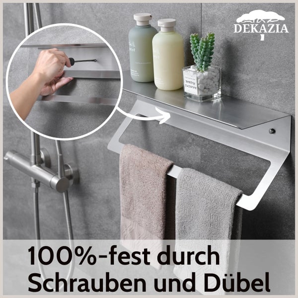 Wandmontierte Badablage aus Edelstahl mit integriertem Handtuchhalter, Befestigung durch Schrauben und Dübel für maximale Stabilität. Dekazia Logo.