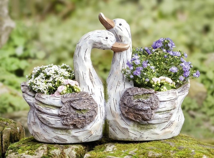 Dekoleidenschaft Pflanzer Gänsepaar in Holz Optik mit 2 Blumentöpfen, Pflanzkübel, Übertopf, Gartendeko für Draußen