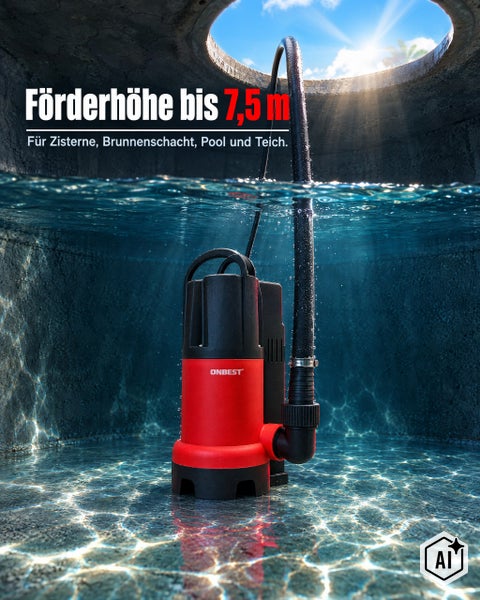 Tauchpumpe von Onbest mit 7,5 Meter Förderhöhe für Zisternen, Brunnen, Pools und Teiche unter Wasser installiert.