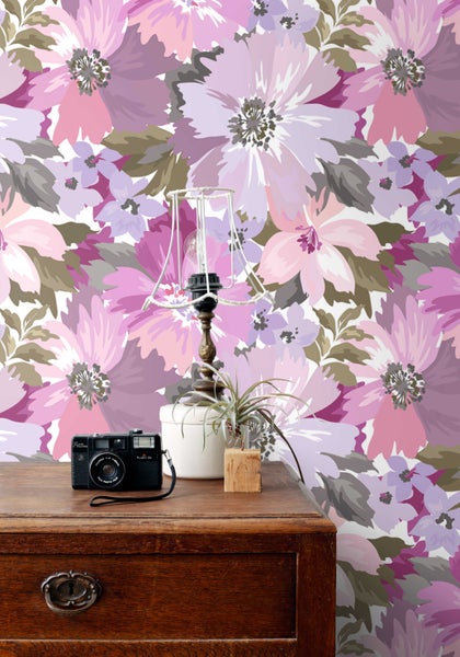 ESTAhome Tapete Blumen Violett und Olivgrün - 50 x 900 cm - 131263