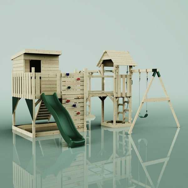 Holzspielplatz mit Kletterwand, Rutsche und Schaukel
