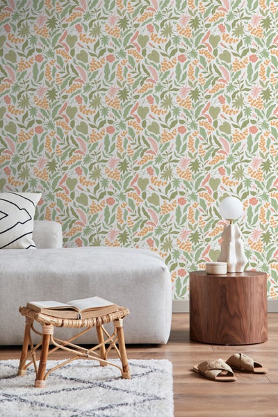 ESTAhome Tapete Blätter und Blumen Grün, Rosa und Orange - 50 x 900 cm - 131048