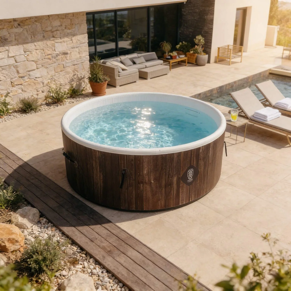 Runder Whirlpool mit Holzverkleidung auf einer Steinterrasse neben einem Pool, Liegestühlen und Gartenmöbeln in einer hellen, offenen Umgebung.