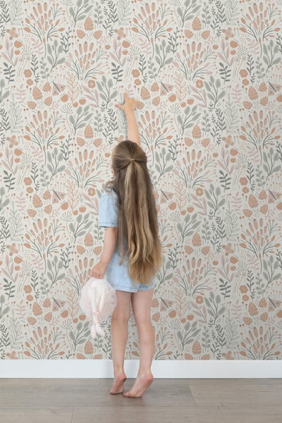 ESTAhome Tapete Blätter und Blumen Hellblau und Terrakotta - 50 x 900 cm - 131387
