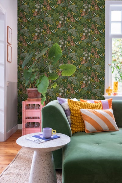 ESTAhome Tapete Bäumen und Blumen Grün, Rosa und Gelb - 50 x 900 cm - 131189