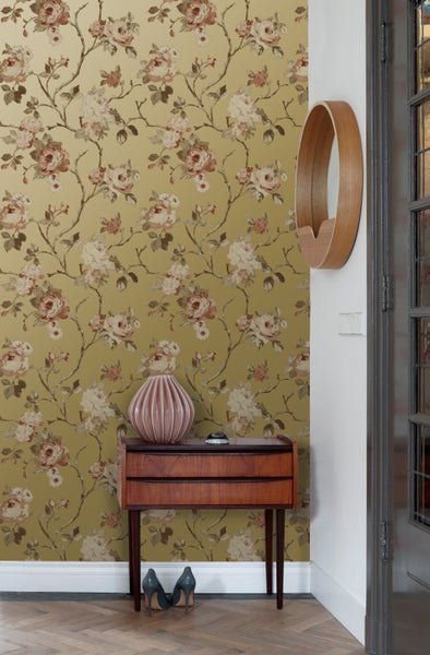 ESTAhome Tapete Blumenmuster Gold und Terrakottarosa - 53 cm x 10.05 m - 139762