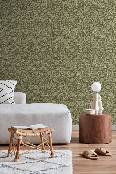 ESTAhome Tapete Blumenmuster Olivgrün - 50 x 900 cm - 131514