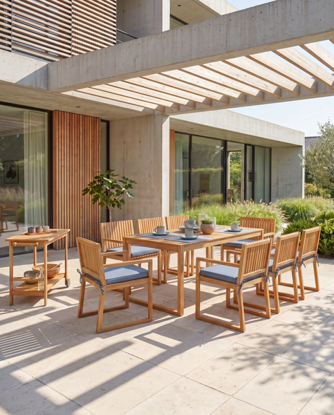 Moderne Garten-Essgruppe aus Teakholz mit Tisch, Stühlen mit Sitzkissen und Servierwagen auf einer hellen Terrasse unter einer Pergola.