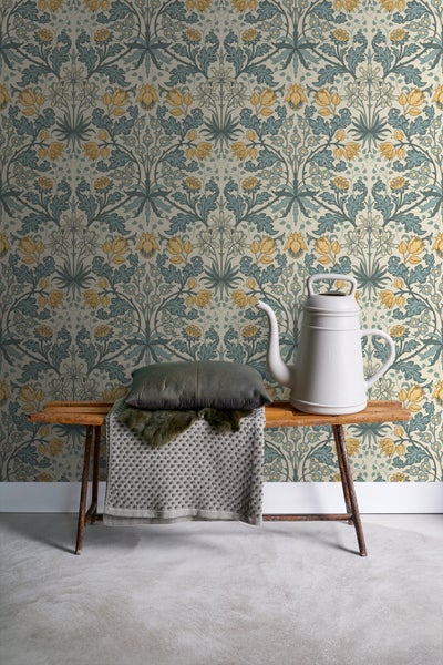 ESTAhome Tapete Blumenmuster im Jugendstil Blau und Gelb - 50 x 900 cm - 131181