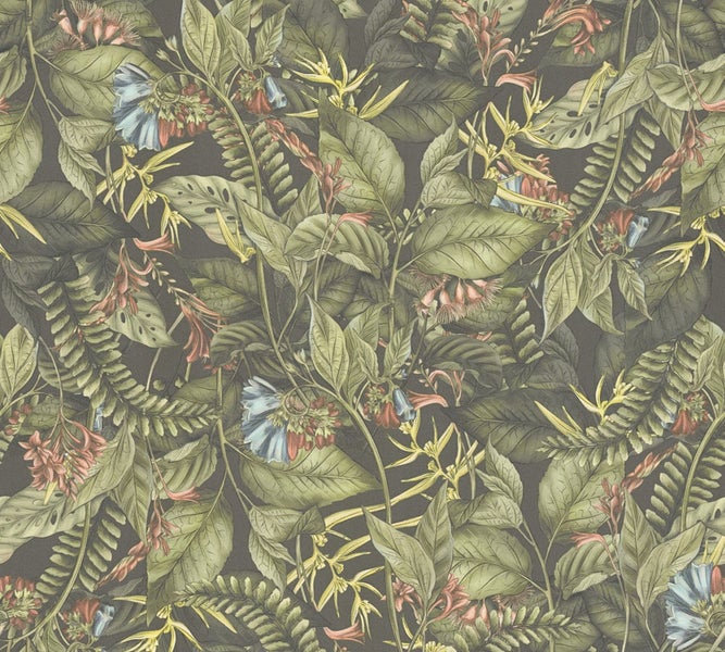 Fototapete mit botanischem Muster im Wohnraum.