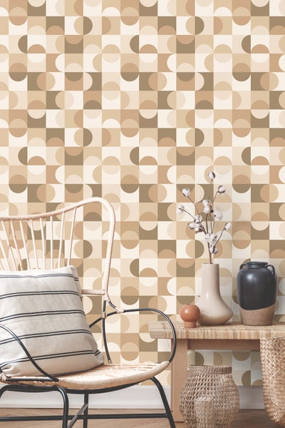 ESTAhome Tapete Kreise im Bauhaus-Stil Beige, Braun und Weiß - 50 x 900 cm - 130937