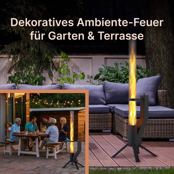 Gardenflare Edelstahl Feuersäule mit Feuerrohr und Pelletfackel für Tolles Ambiente-Feuer – Elegante Terrassenheizer und Gartenkamin die Alternative für deine Terrasse und Garten (Schwarz Pulverbeschichtet)