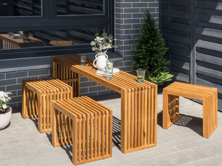 Gartenmöbel Set mit Hockern 3-Sitzer BELLANO Akazienholz Braun