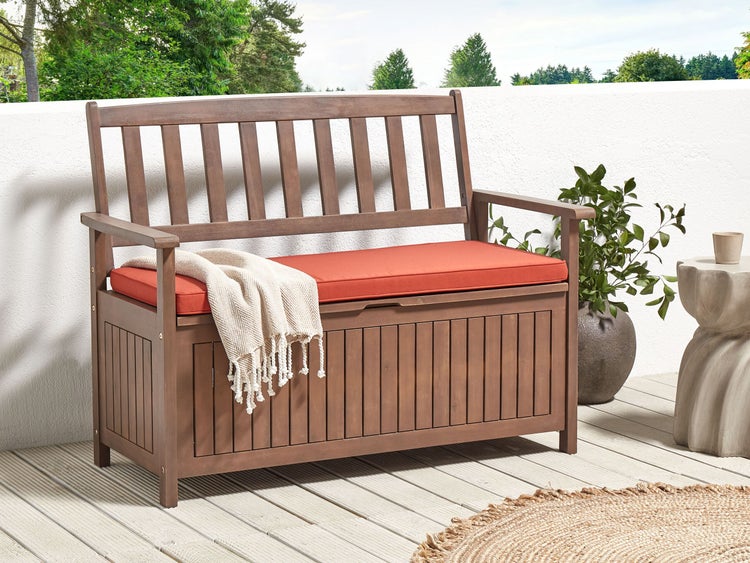 Gartenbank mit Auflage SOVANA 120 cm mit Stauraum Akazienholz Rot