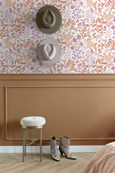 ESTAhome Tapete Blumen und Vögel Violett und Terrakotta - 53 cm x 10.05 m - 131392