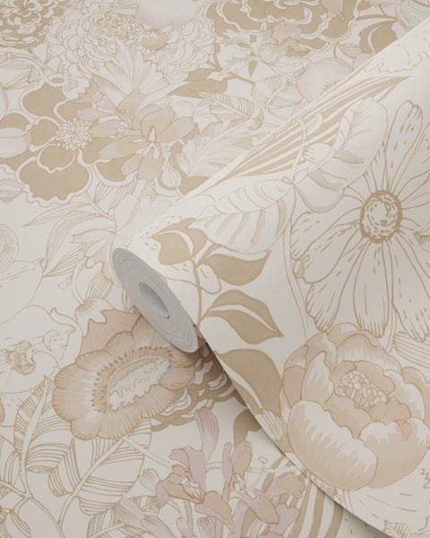 ESTAhome Tapete Blumenmuster Beige und Altrosa - 53 cm x 10.05 m - 139763