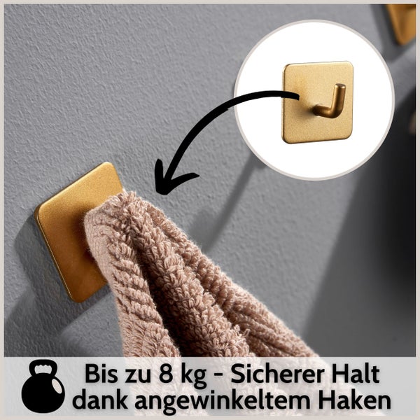 Selbstklebender, quadratischer Wandhaken mit Handtuch, Tragkraft bis zu 8 Kilogramm, sicherer Halt durch abgewinkelten Haken.