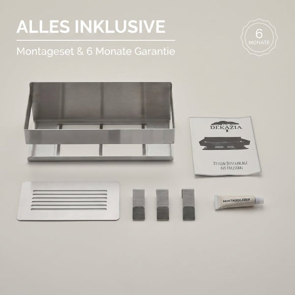 Edelstahl Duschablage Set inklusive Montageset und Montagekleber von Dekazia.