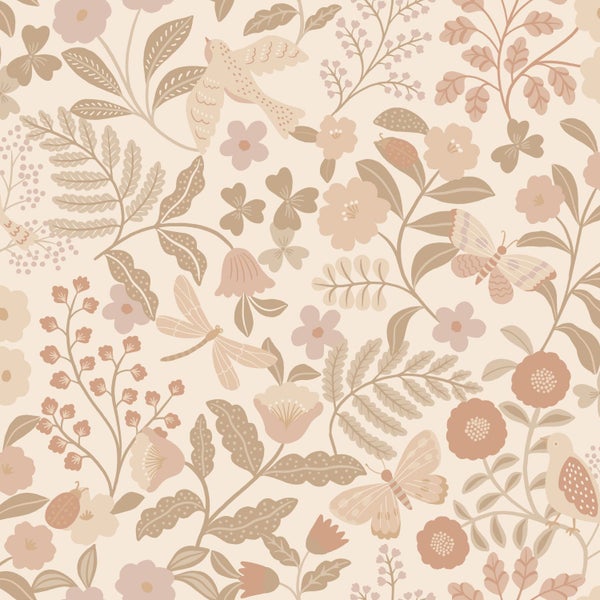ESTAhome Tapete Blumen und Vögel Beige und Hellrosa - 53 cm x 10.05 m - 139868
