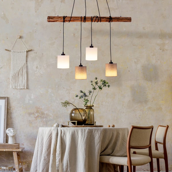 4er Pendelleuchte MALTA aus Metall und Holz, mit Textilschirmen in Grau und Weiß, E27-Fassung, Beleuchtung für Wohnzimmer, Büro oder Nachttisch