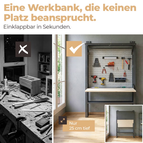 Platzsparende Wandwerkbank mit Werkzeugwand, ausgeklappt und eingeklappt dargestellt, 25 Zentimeter tief.