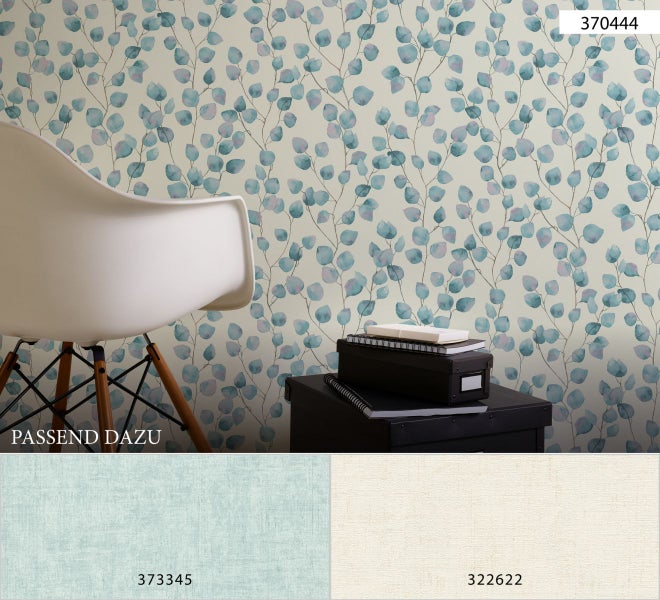 Tapete mit Eukalyptusmuster und dazu passenden Farbvarianten