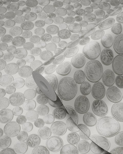 Origin Wallcoverings Tapete metallische Münzen Elfenbeinweiß und Grau - 53 cm x 10.05 m - 347459