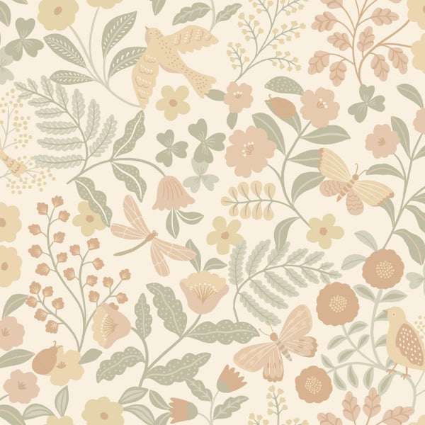 ESTAhome Tapete Blumen und Vögel Beige, Grün und Hellrosa - 53 cm x 10.05 m - 139867
