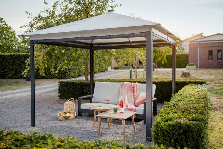 Solarpavillon Lina 3 x 3 m mit Dach und seitlichen Rollos, grau