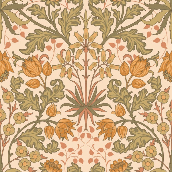 ESTAhome Tapete Blumenmuster im Jugendstil Dunkelorange und Graugrün - 50 x 900 cm - 131175