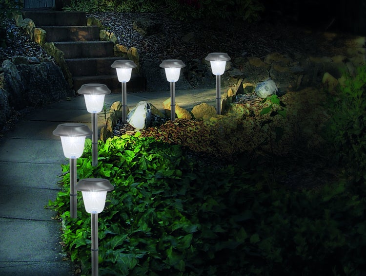 6er Set LED Außenleuchte Gustav mit Erdspieß, Edelstahl und Acryl, mit fest verbauten LEDs in kaltweiß, 39 cm hoch