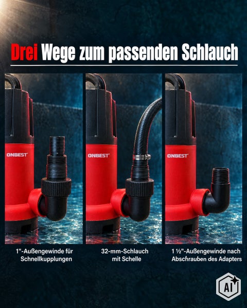 Drei Anschlussmoeglichkeiten fuer Onbest Tauchpumpe: 1 Zoll Aussengewinde, 32 Millimeter Schlauch mit Schelle und 1,5 Zoll Aussengewinde.