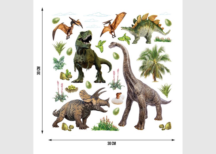 Set Dinosaurier Wandsticker mit Tyrannosaurus Rex, Triceratops, Brachiosaurus, Stegosaurus, Flugsauriern, Eiern und Pflanzen. 30 mal 30 Zentimeter.