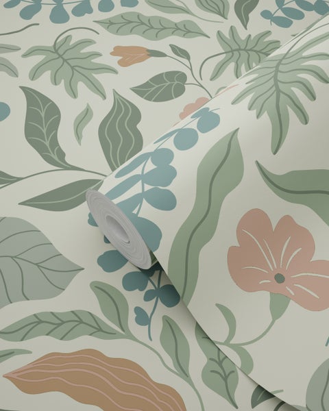 ESTAhome Tapete Blätter und Blumen Dunkelgrün, Blau und Rosa - 50 x 900 cm - 131053