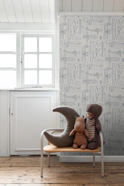 ESTAhome Tapete Kontruktionszeichnungen von Flugzeugen Taupe und Graublau - 53 cm x 10.05 m - 139960