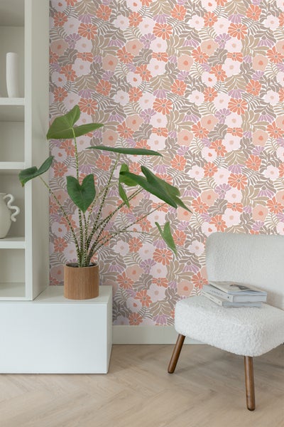 ESTAhome Tapete Blumen im Matisse-Stil Orange, Lila und Hellrosa - 50 x 900 cm - 131003