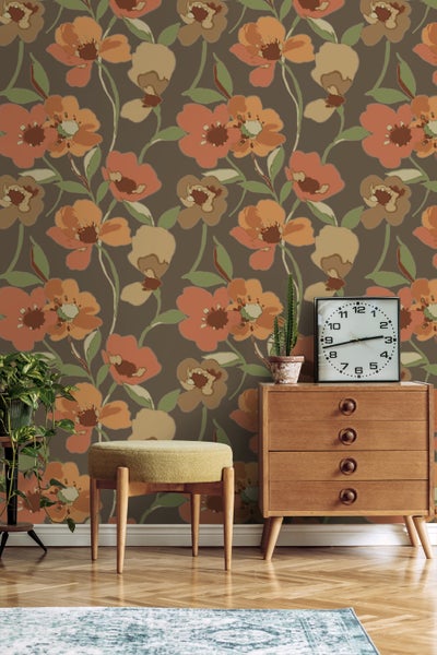 ESTAhome Tapete Blumen Orange und Graugrün - 50 x 900 cm - 130990