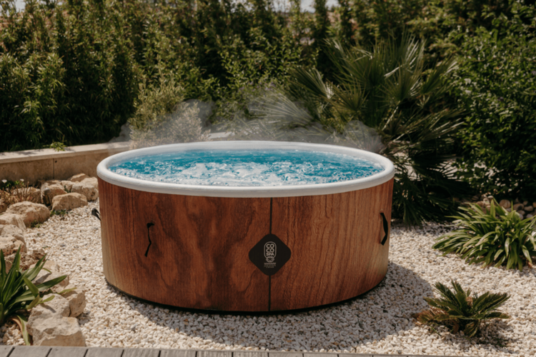 Aufblasbarer Whirlpool in Holzoptik im Garten auf hellem Kies mit dampfendem, sprudelndem Wasser.