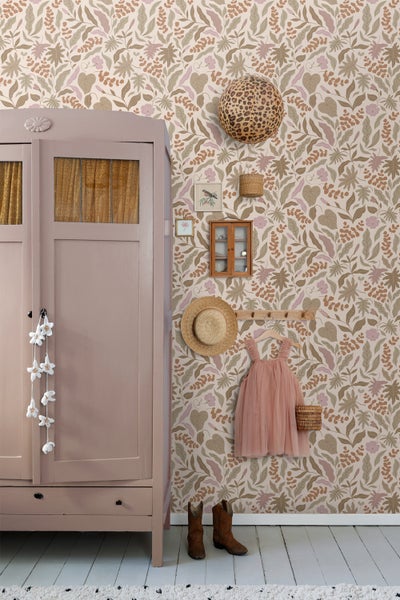 ESTAhome Tapete Blätter und Blumen Beige, Terrakotta und Lila - 50 x 900 cm - 131051