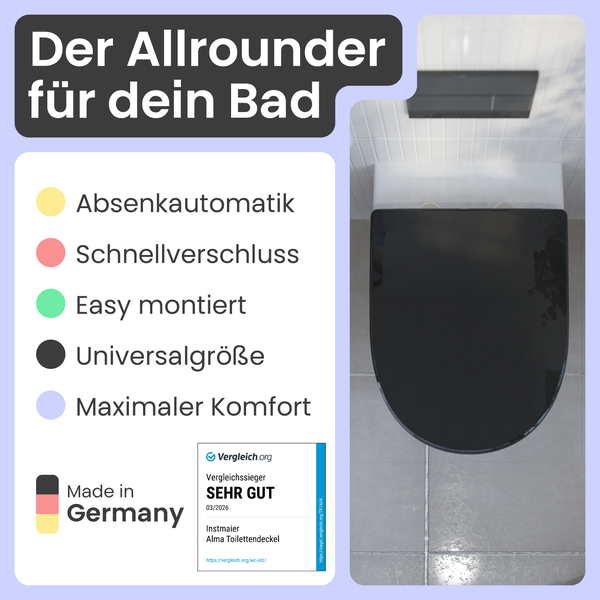 Schwarzer Toilettensitz mit Absenkautomatik, Schnellverschluss und Universalgröße. Made in Germany Logo. Vergleich.org Logo, Vergleichssieger sehr gut.