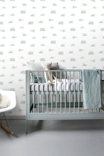 ESTAhome Tapete Autos, Löschfahrzeuge, Hubschrauber und Kräne Mintgrün auf Weiß - 53 cm x 10.05 m - 128856
